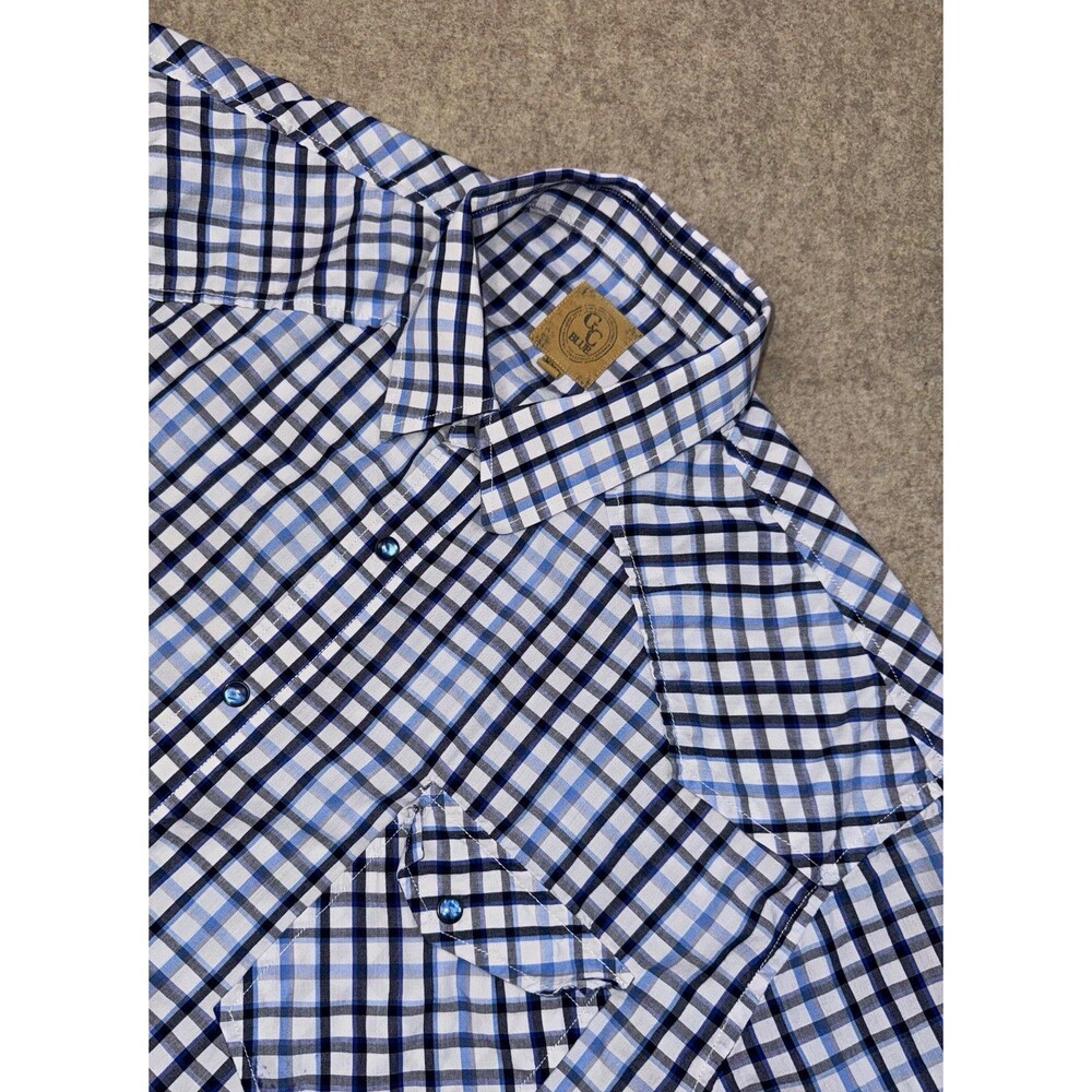 C&C Blue Men’s XXL Blue Plaid Short Sleeve Pearl Snap Shirt Pockets Stain